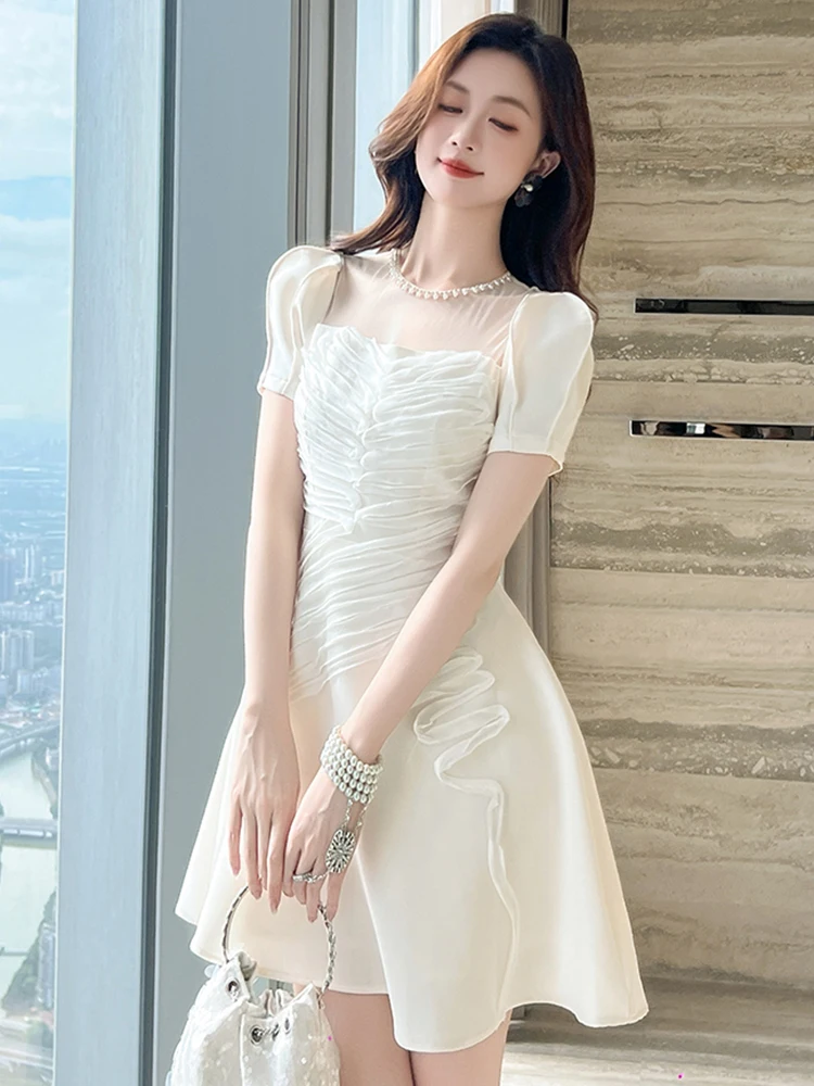 French Elegant Mini Dress Women's Clothing Sweet White Diamonds Sheer Bubble Sleeve Ball Gown Female Dance Party Vestidos Mujer