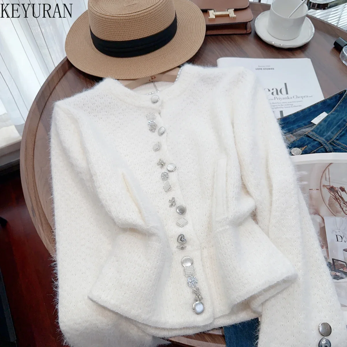 Luxury Diamonds Mohair Sweater Jacket Women\'s Tops Autumn Winter New Korean Style Gentle Temperament White Knitted Cardigan Coat