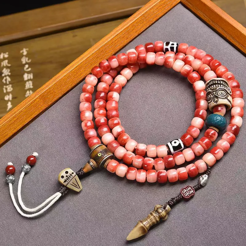 Natural semi-blood camel bone barrel , 108 Buddhist prayer , Tibetan-style agate dzi beads, and accessories
