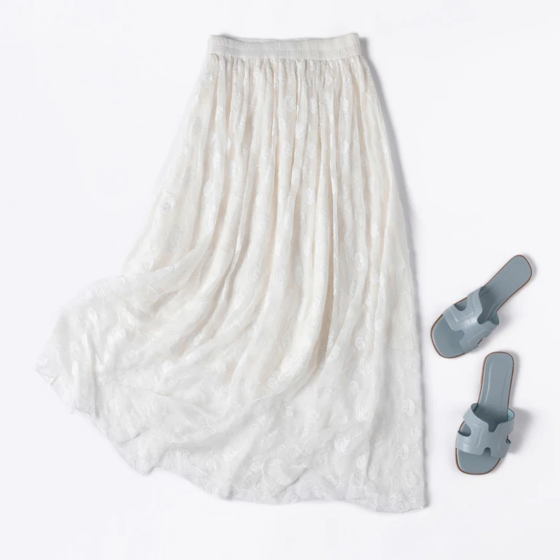 Women Silk Skirt 100% Mulberry Silk White Embroidery Skirts with Lining 2026 Casual Spring Summer Beach Big Hem M1081