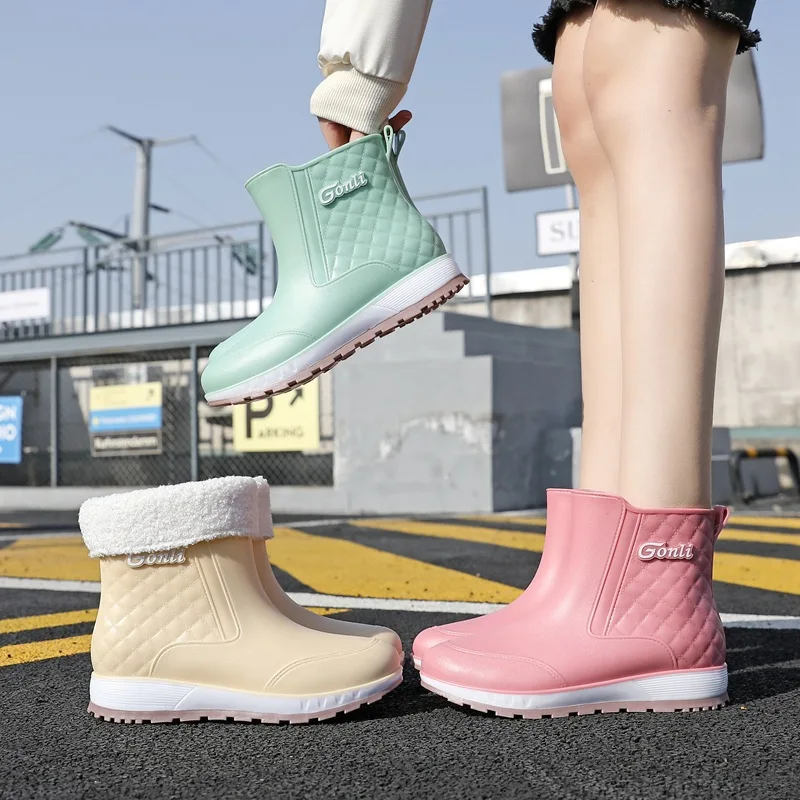 

2023 Women Fashion Short Ankle Rain Boots Waterproof PVC Rainboots Slip-resistant Female Water Shoes Wellies AL74