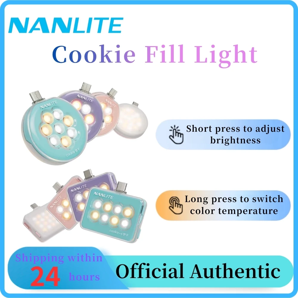 Nanlite Cookie Mini luz de relleno bicolor de doble cara, 3 modos, luz de vídeo con soporte de USB-C para teléfono inteligente, luz de relleno Selife