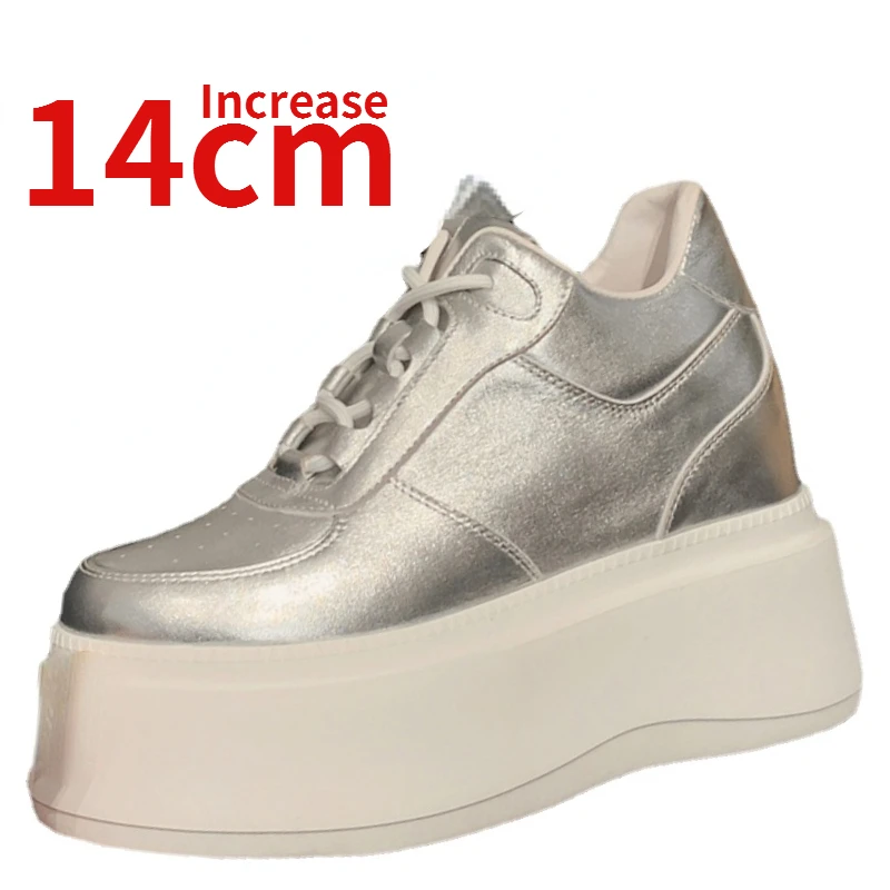 Genuine Leather Gold/Silver Women for Shoes Invisible Height Increased 14cm Ultra Light Thick Sole Casual Fashion Elevated Shoes