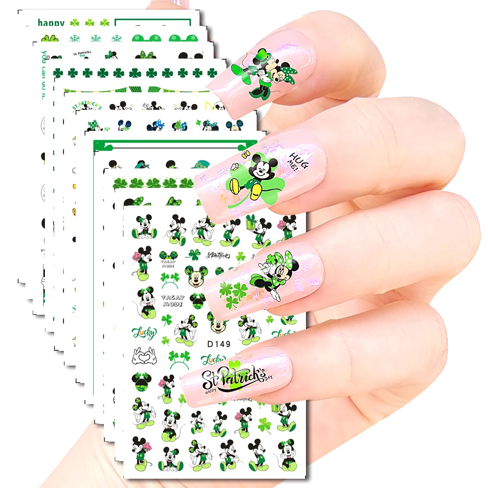 12Pcs/Set Disney Minnie Cartoon Nail Art Stickers Green Mickey Shamrock Kids Anime Nail Decals Kawaii Girls Manicure Sliders Dis