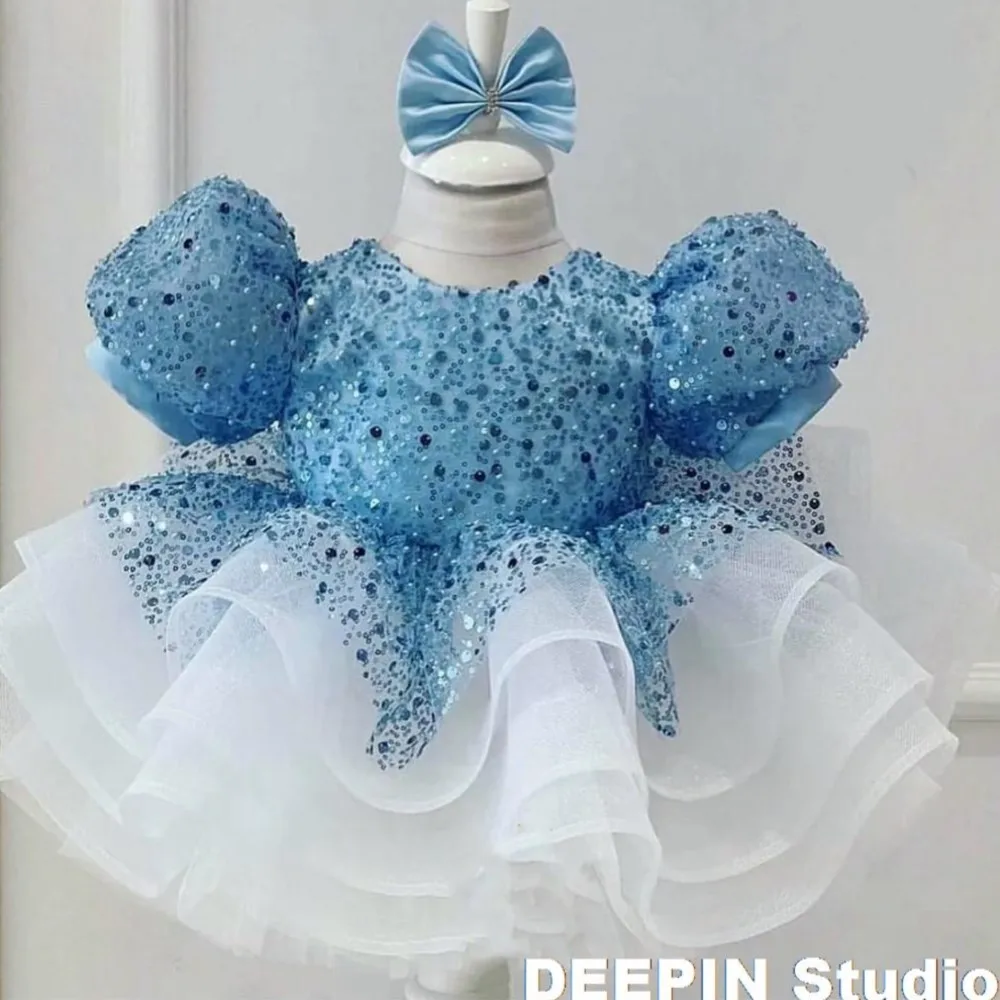 

Glitter Blue Flower Girl Dress Ruffles Short Sleeves Scoop Neck Cute Baby Girl Tutu Party Gown Short Graduation Kids Prom Dress