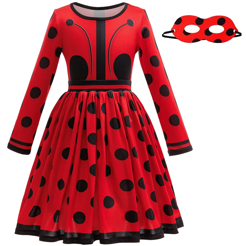 Disfraz de mariquita para niñas, vestido de princesa de lunares con máscara para ojos para niños, fiesta temática de cumpleaños, traje de Halloween