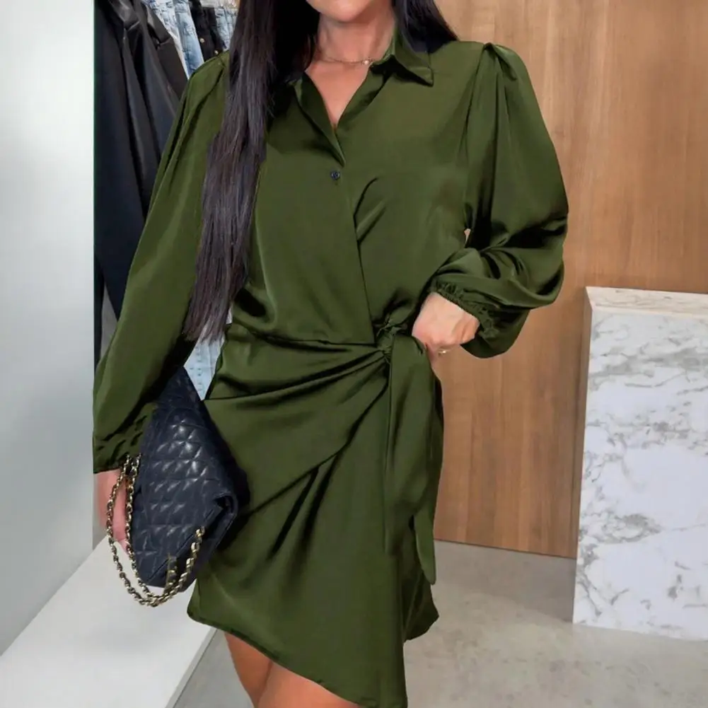 เดรสแขนยาวผูกไขว้ทรงเอเข้ารูปช่วงเอวสำหรับฤดูร้อน เดรสสั้นทรงเอ ผ้าซาตินสำหรับผู้หญิง