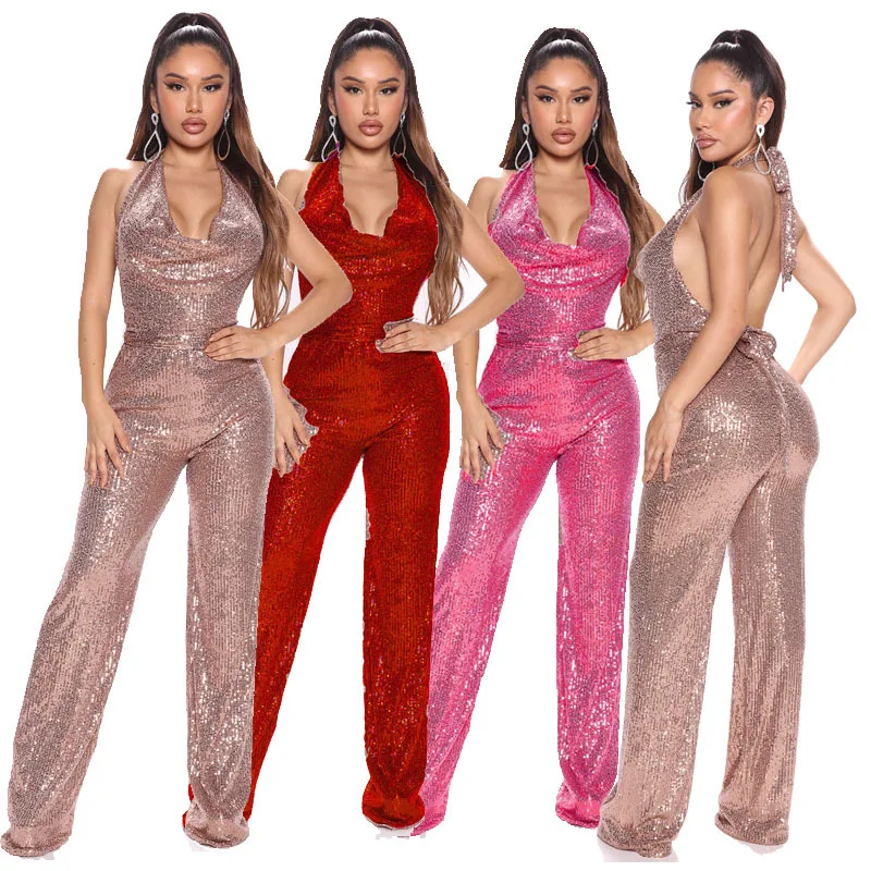 

Women's Jumpsuits Pink Shiny O Neck Sleeveless Backless Sexy Full Length Straight Elegant Party Pantsuits Commuting Playsuit