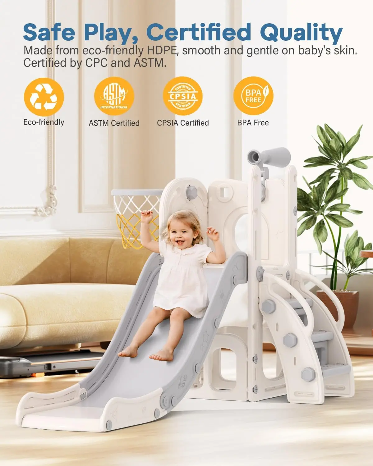 شريحة أطفال 6 في 1 مع طوق كرة سلة وتلسكوب، مجموعة لعب متسلق داخلية/خارجية للأطفال من سن 1 إلى 3 سنوات، أبيض ورمادي