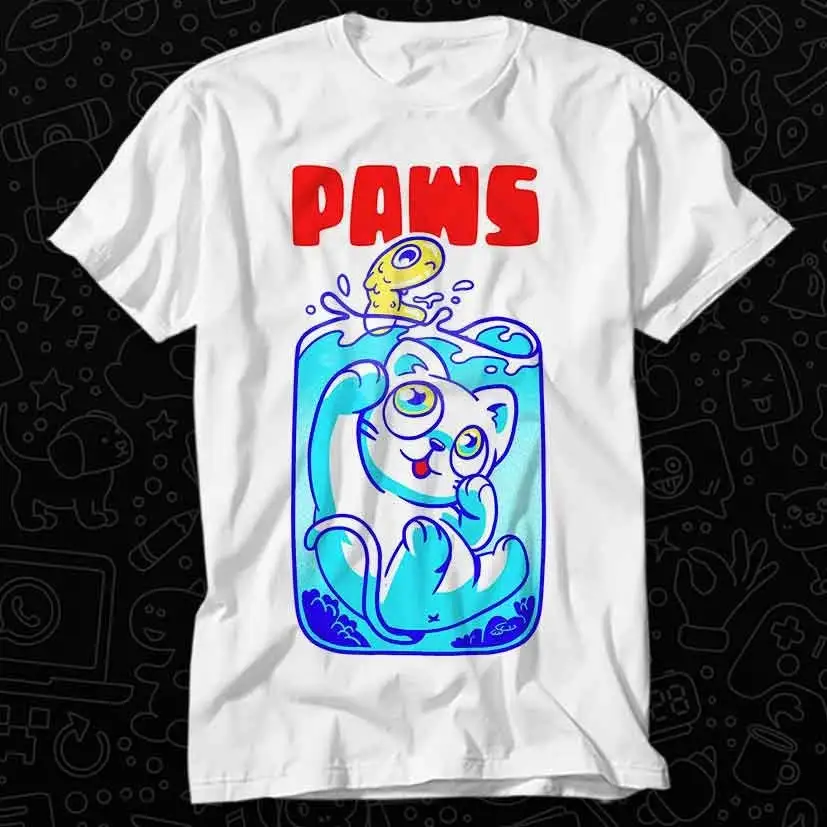 

Paws Cartoon Kitten Jaws Cute Cat Fun T Shirt For Top Adult Vintage Music Best Movie OZ245