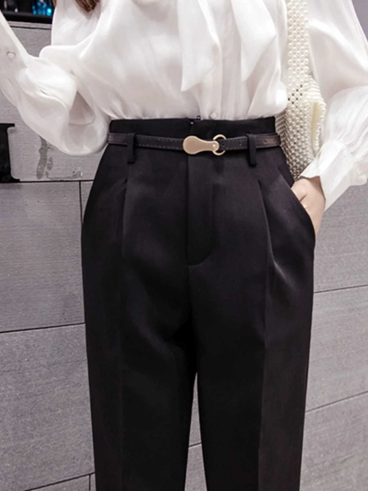 

High Waist Casual Nine-Piece Pants Women's Style Spring New Korean Version Commute Harlan Trousers Slim Fit Polyester Fiber