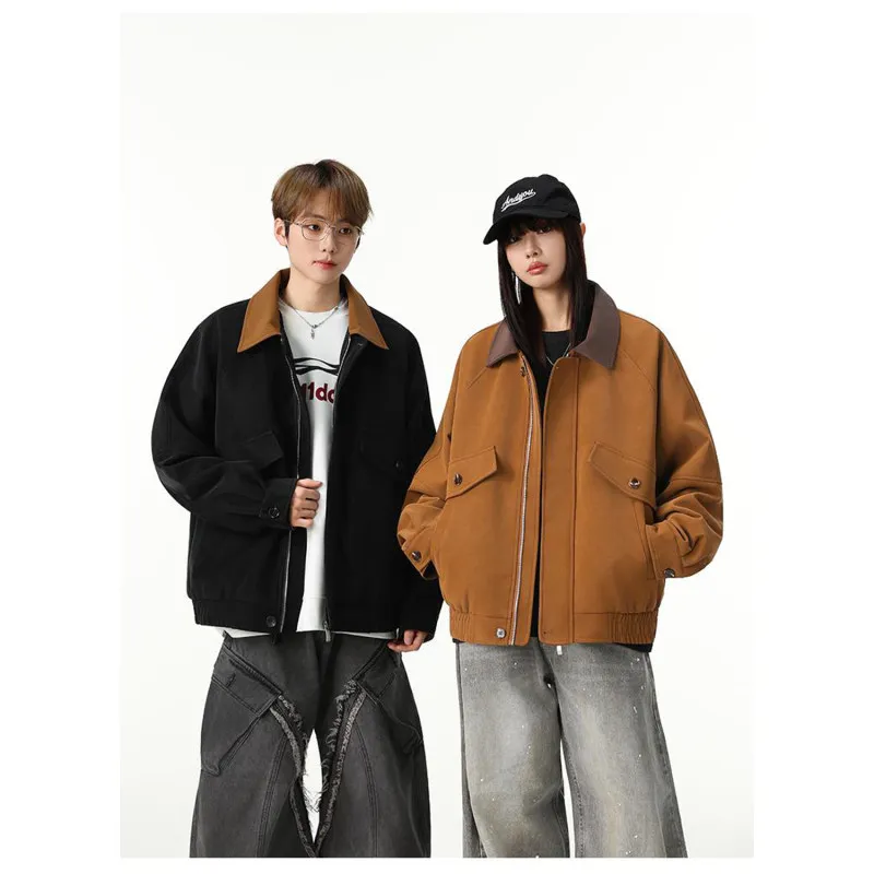 

Warm Fce Lined Men's Leather Jaet Loose Fit Autumn Winter Outerwear Sli Slimming American Trend Zipper Closure Coat