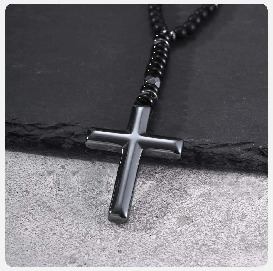 Vnox Hämatit-Kreuz-Anhänger-Halskette für Männer, Schwarze Onyx-Perlenkette, Langer Männerschmuck, Punk-Street-Style Geschenk – Detail 5