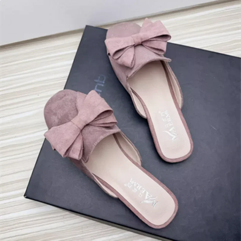 Women Spongy Sole Butterfly-Knot Flat Slides Mules Square Toe Wide Fitting Flock Cloth Summer Sweet Shoes In Purple Yellow 32-48