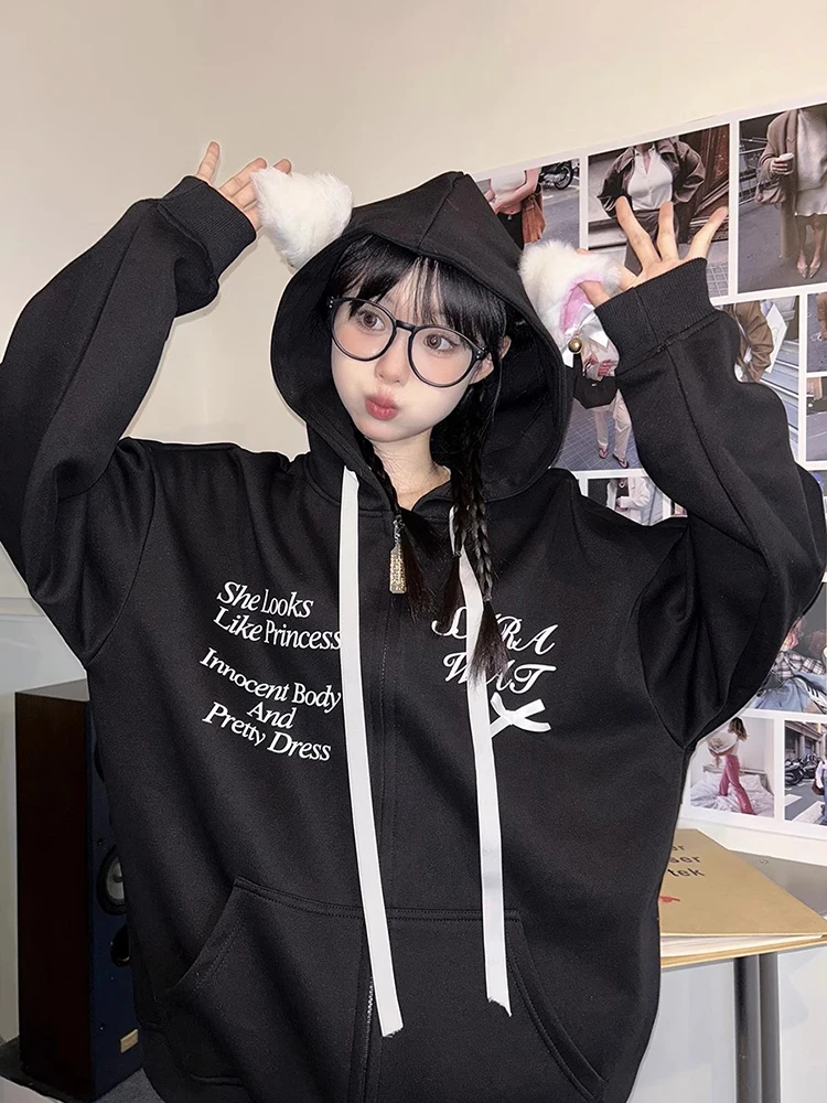 Y2k Korean Hoodies Women Spring Loose Cute Cat Ears Bow Design Hooded Zipper Jacket Cardigan Harajuku Casual Oversize Coats 2024