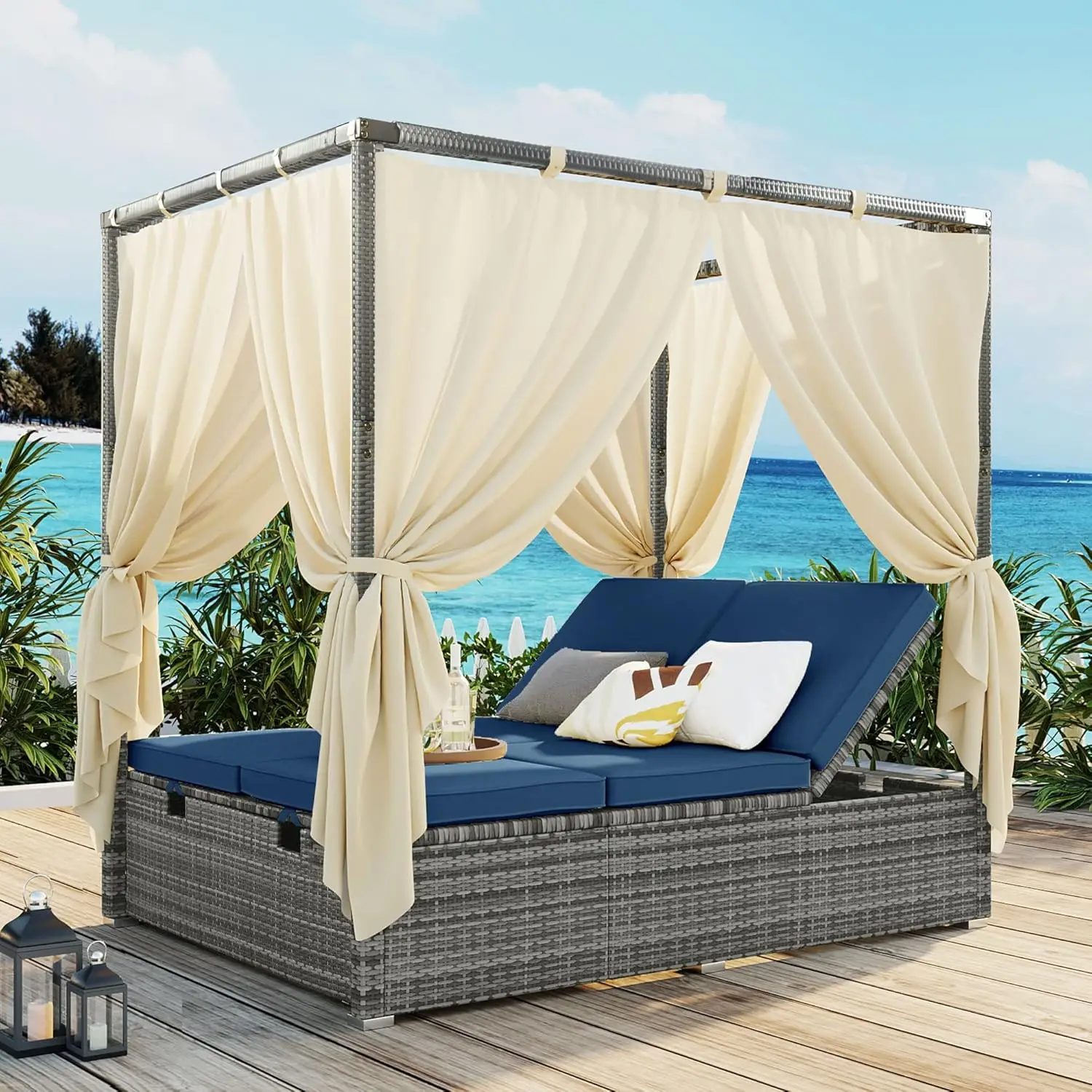 Outdoor Canopy Bed, Patio PE Rattan Outdoor Chaise Lounge Daybed with Adjustable Seats, Outdoor Sunbed