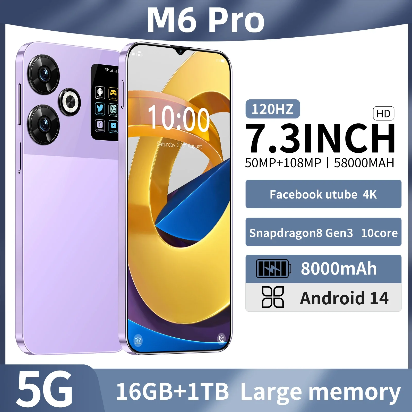 

M6 Pro 5G Global Version 7.3HD Screen 16G + 1T 7000Mah Android13 Cellulare Dual Sim Face Unlocked Mobile Phone 108MP Cell Phone