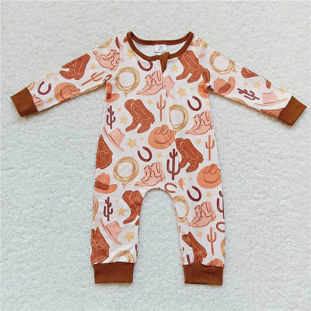 

LR0431 Wholesale baby rompers boys Boots Cowboy hat Brown zip long-sleeved jumpsuit Summer Boutique baby boys clothes