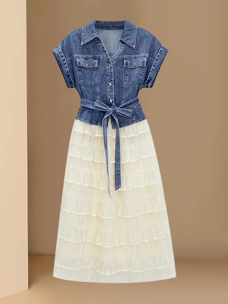 

Элегантное джинсовое платье с кружевными вставками и коротким рукавом, женское, с завышенной талией, А-силуэт, летнее, модное, приталенное, в корейском стиле, повседневное