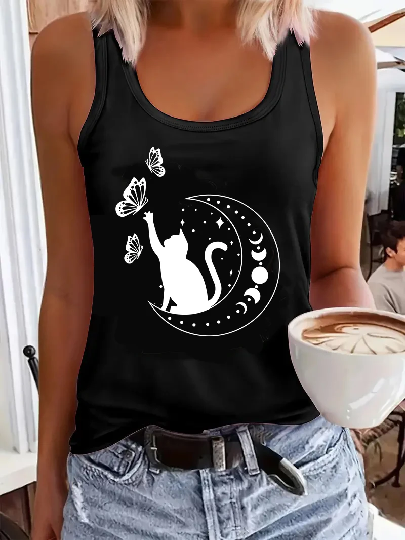 Funny Moon Cat with Butterfly 90s Print  T-shirt Vest Graphic Tank Top Women’s Sleeveless Crew Neck Casual Top for Summer Spring