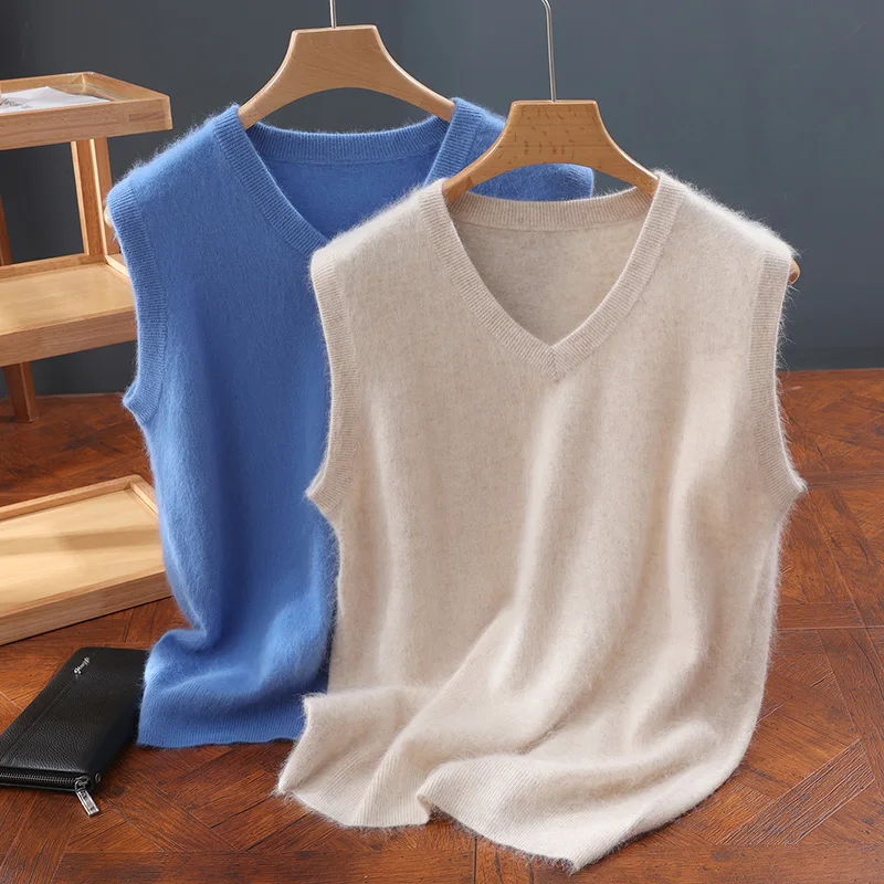 

Sweater Vest Men Mink Cashmere V-neck Sleeveless Knitted Sweaters Vests Solid Color Simple Chic Loose Casual All-match Tank