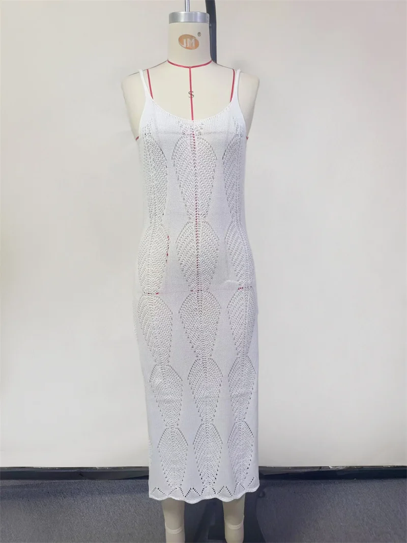 المرأة عارية الذراعين Bodycon فستان منسوج الجانب الشق الجوف خارج حزام شير الكروشيه ملابس الشاطئ الإناث بيكيني التستر فستان