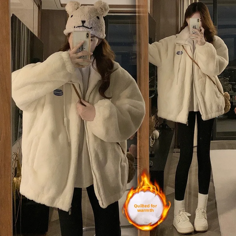 

Winter Thiened Stand Collar eepskin Fur Jaet Women's Trendy Cotton Padded Inteated Fur Coat Long Sve Zipper Closure