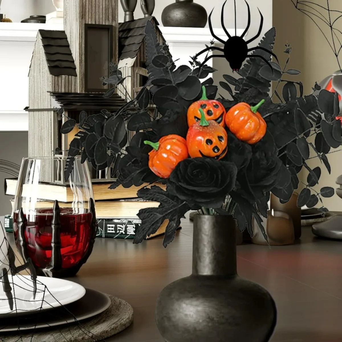 

2 件 Halloween Flower Bouquet 16.9in Black Rose Maple Leaves Ghost Face Halloween Decor Artificial Flowers Bouquet