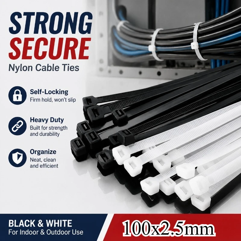 Self-locking Nylon Cable Ties Plastic Fastening Strap Wire Organizing Tool Electrical Cord Bundling Holder Indoor Outdoor Wiring