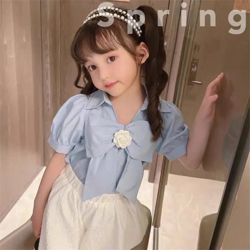 Summer New Girls\' Clothing Sets Flowers Big Bow Shirt + Pumpkin Shorts Two-Piece Set Fashion Kids Outfit Children Girls Clothes