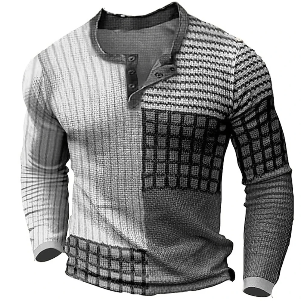 New Color Block Patchwork 3D Printed Henley Shirts Men\'s Fashion Vintage Button-Down Long Sleeve T Shirt Man Tees Tops Clothing