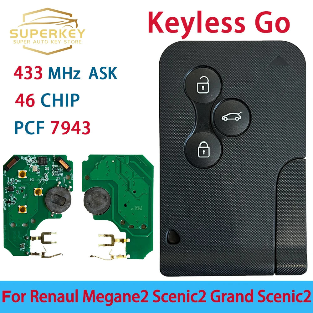 Superkey 3 pulsanti Keyless Go Key Card 433Mhz PCF7943 46 Chip per Renault 2003-2008 Megane II Scenic II Grand Scenic II