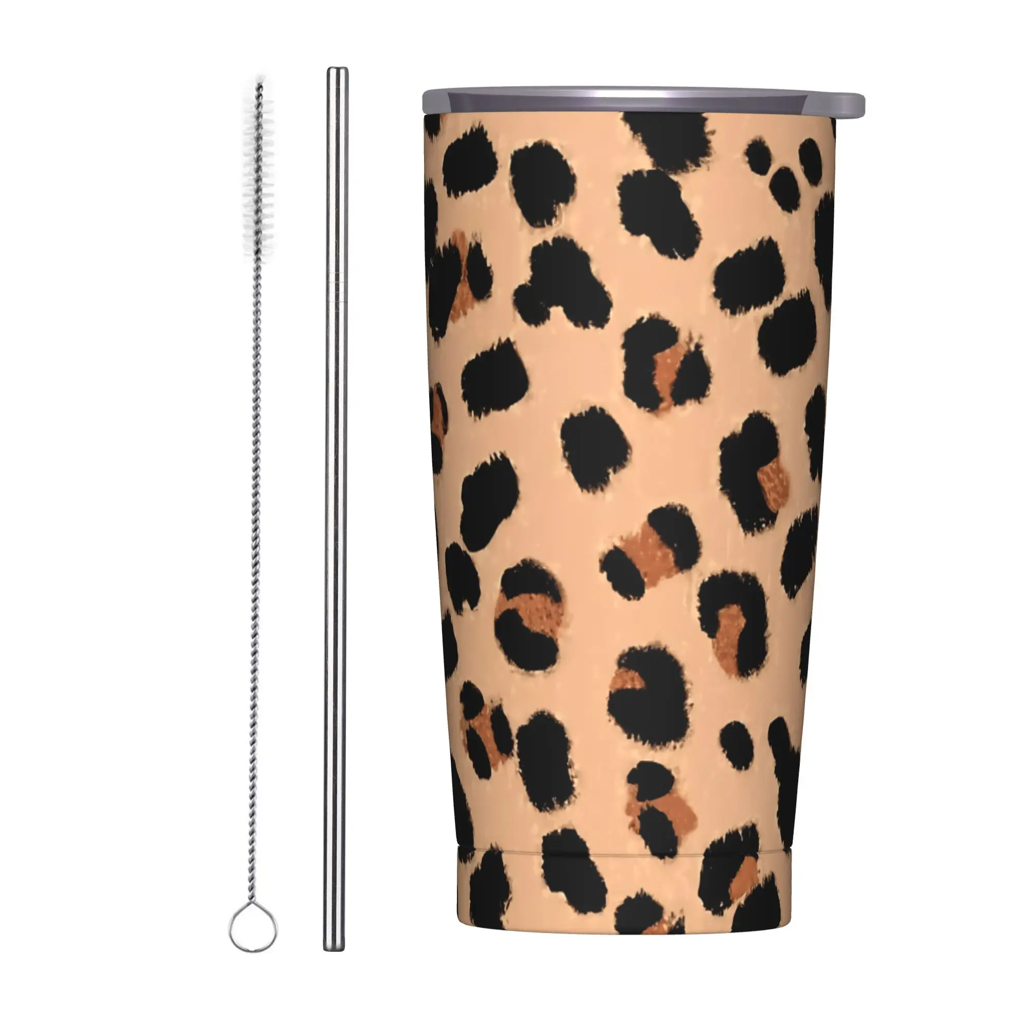 Wild Leopard Print Stainless Steel Tumbler With Straws  Camping Coffee Mug 20oz Cold Drink Mugs Cup,