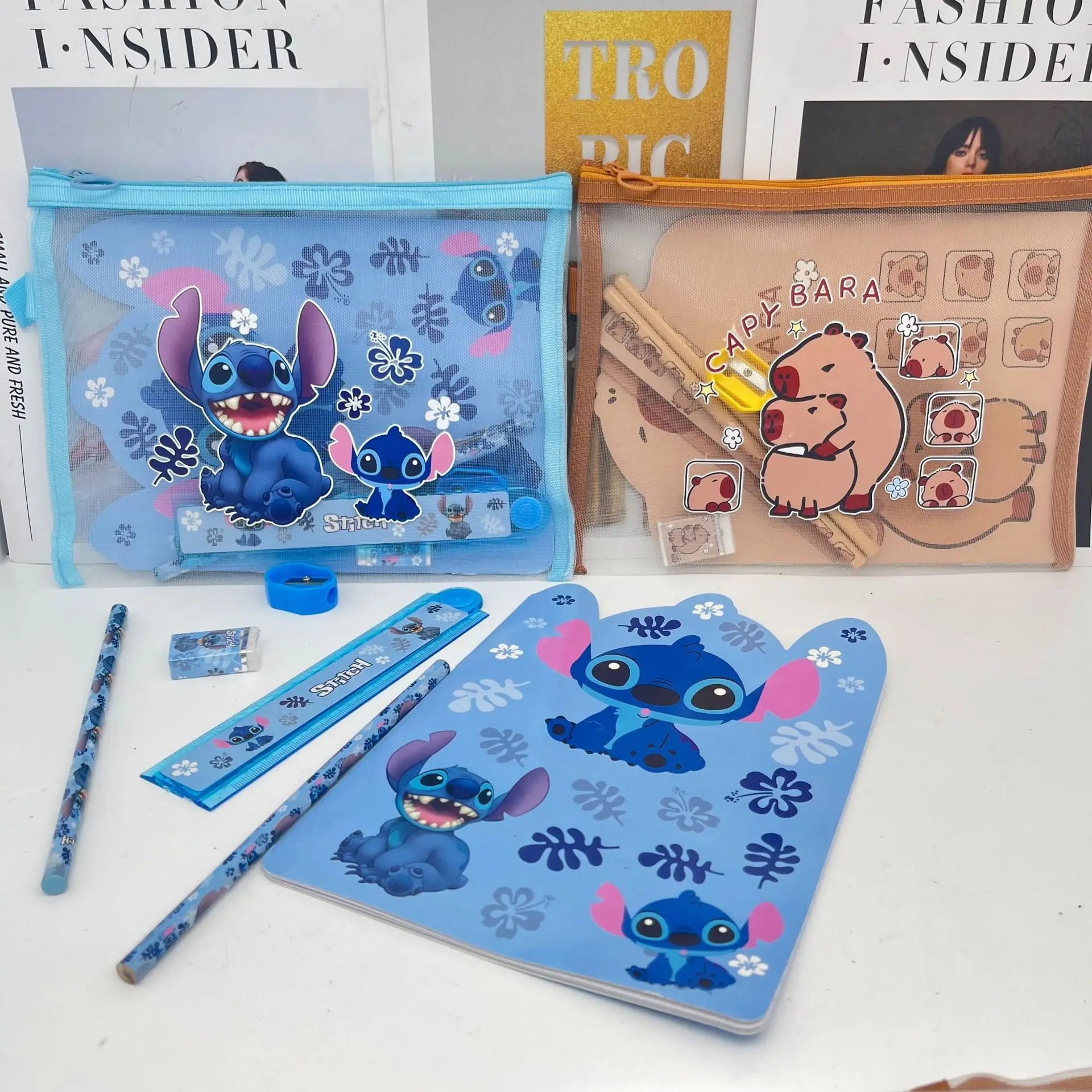 Cartoon Disney Stitch Mesh Bag Stationery Set 7pcs Ruler Pencil Sharpener Eraser Set Kids School Supplies Children's Stationery