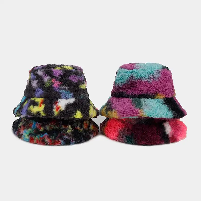 

Autumn Winter Basin Hat New Thick Warm seven-color tie-dye Fisherman Hat women's Plush Face Small Sunscreen Visor Bonnet