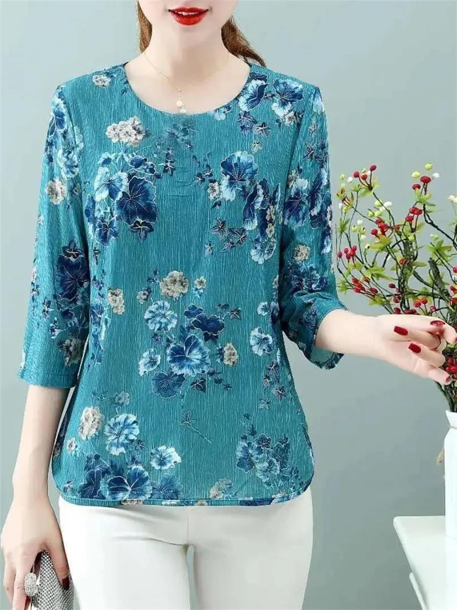 5XL Women Spring Summer Blouses Shirts Lady Fashion Casual Short Sleeve O-Neck Collar Flower Printing Blusas Tops G2102