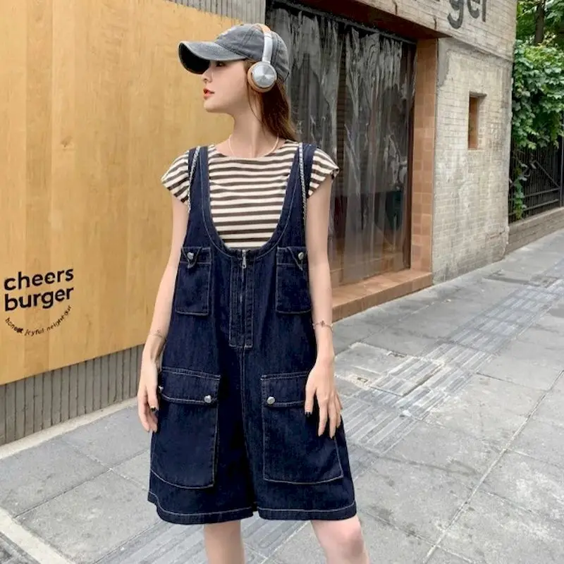 Denim Jumpsuit for Women Vintage Korean Style One Piece Outfit Casual Loose Solid New Summer Clothing for Women Cropped Jeans