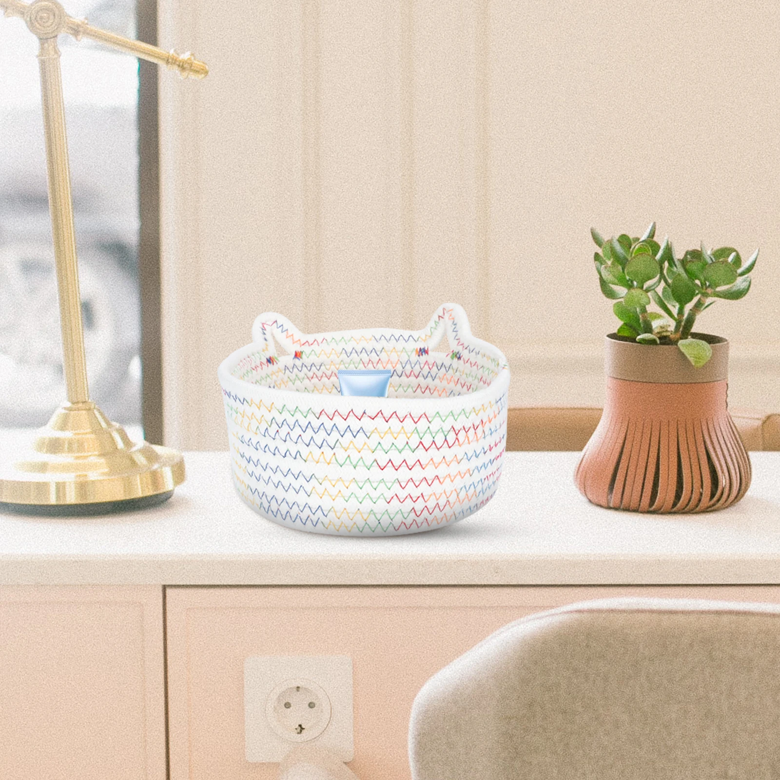 

Cat Ear Storage Basket White 24x14 Handwoven Cotton Rope Organizer Bedroom Desktop Makeup Letters Home Decor Storage Solution