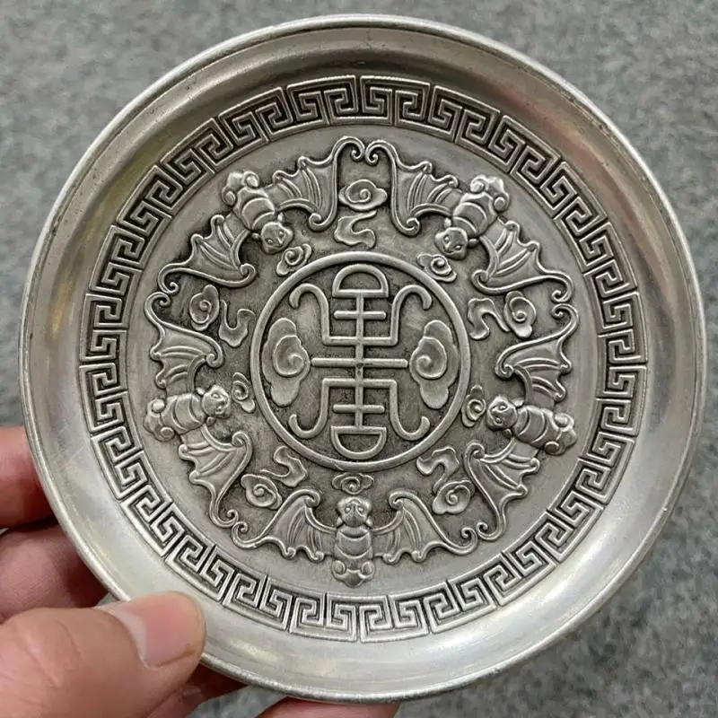 

Antique Collection Imitation Ancient Five Blessings Longevity White Copper Silver-Plated Plate Qing Dynasty Qianlong Imperial Gi