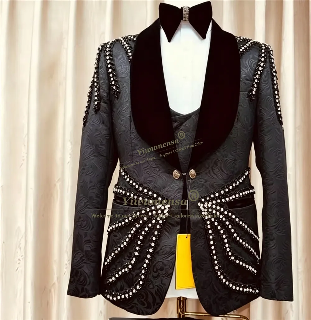 Male Classic Suits Men 3 Pieces Stones Beaded Prom Blazer Vest Pants Customized Groom Dinner Party Tuxedo Man Wedding Guest Coat