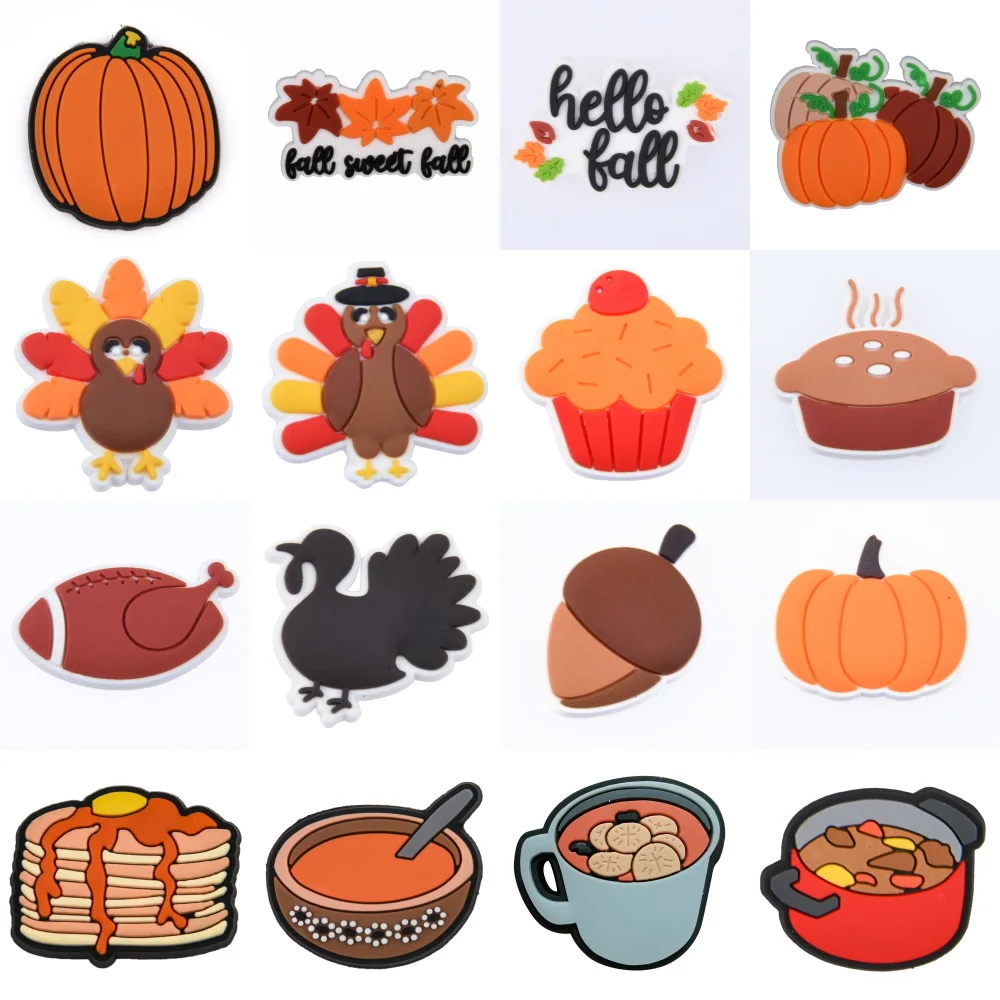 

16pcs Thanksgiving Day Pinecone Cake Shoe Decoration Fried Chicken Shoe Charms Pumpkin Wristband Accessories For Party Favor