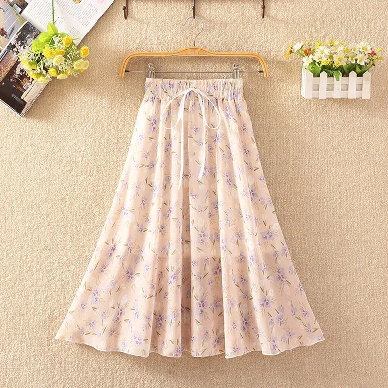 

Woman Skirts Summer Floral Mid Length High Waist Large Swing Print A-line Thin Chiffon Mujer Faldas Saias Mulher