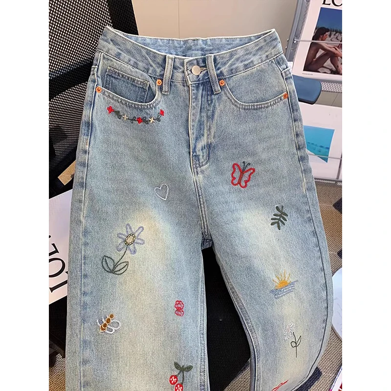 

Осень-зима, мужские модные широкие джинсы большого размера с вышивкой, длинные брюки с высокой талией в стиле ретро, прямой крой