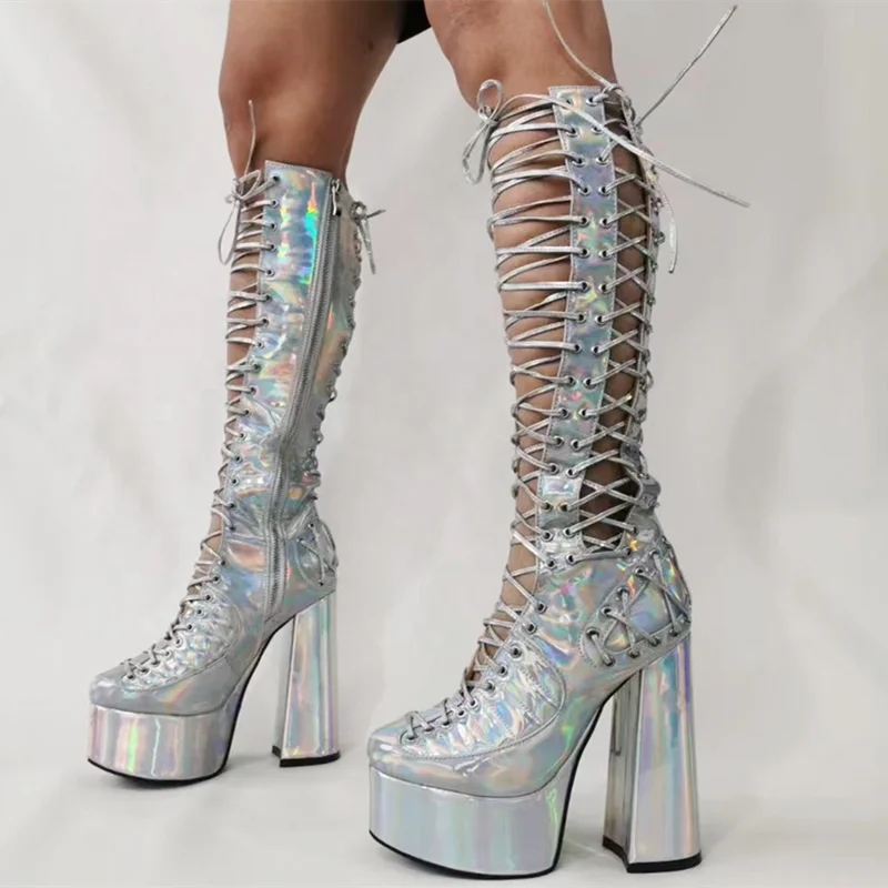 

Silver Patent Hollow-out Sexy Boots Short Knee High Women Shoes Sandal Cross Strap Platform Thick Heels Lace-up Big Size 47