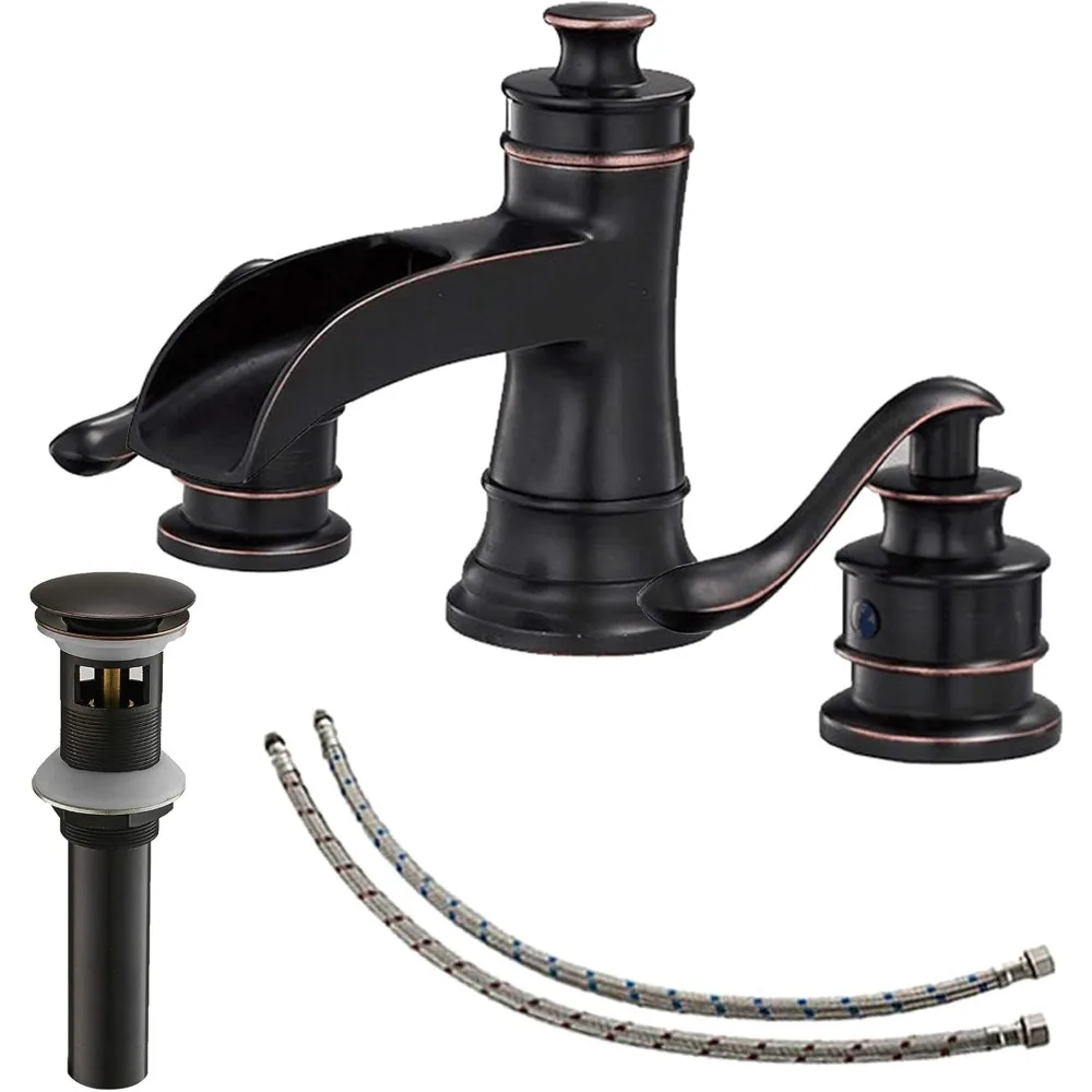 Bathroom Faucet 3 Hole Oil Rubbed Bronze for Sink Waterfall Widespread 8 Inch 2 Handle Farmhouse with Pop Up Drain