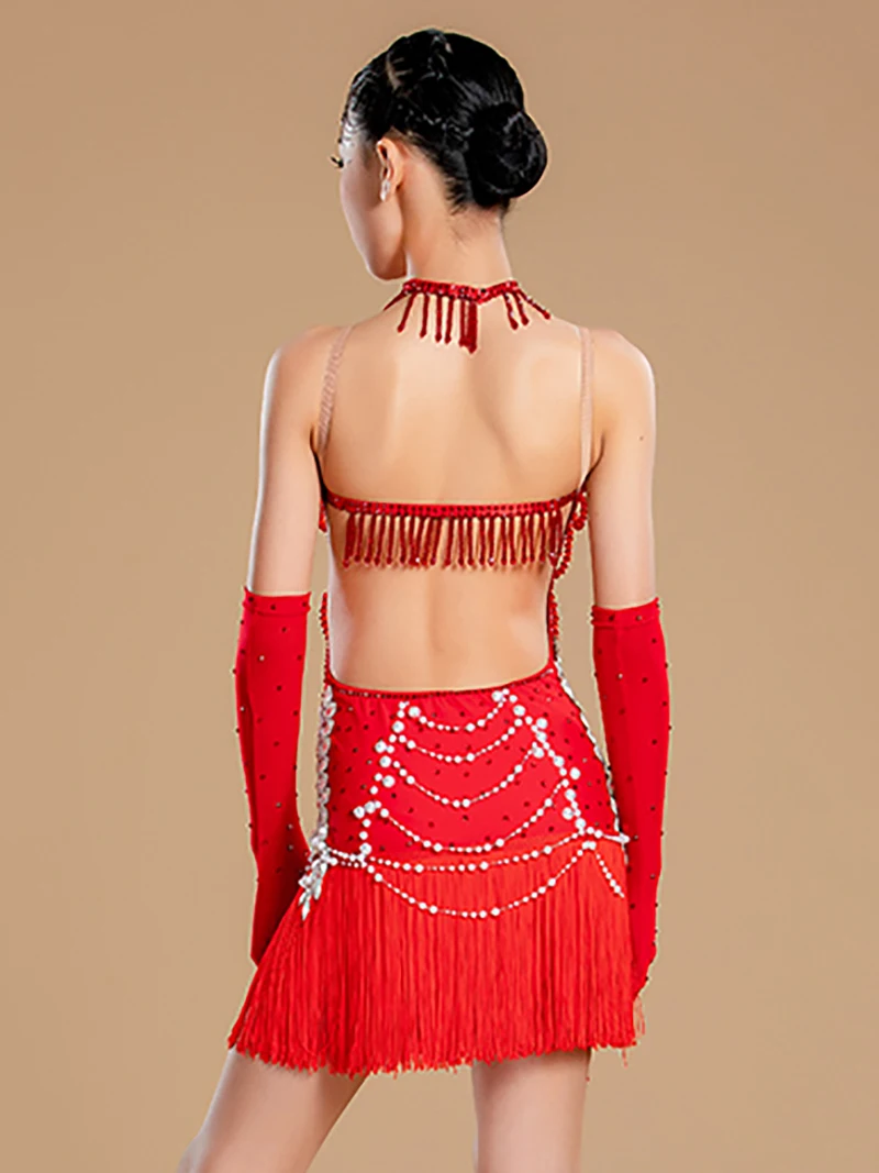 Traje profesional de baile latino estándar nacional, falda con borlas para niñas, vestido de Rumba Sumba con diamantes, Ropa de baile puesta en escena