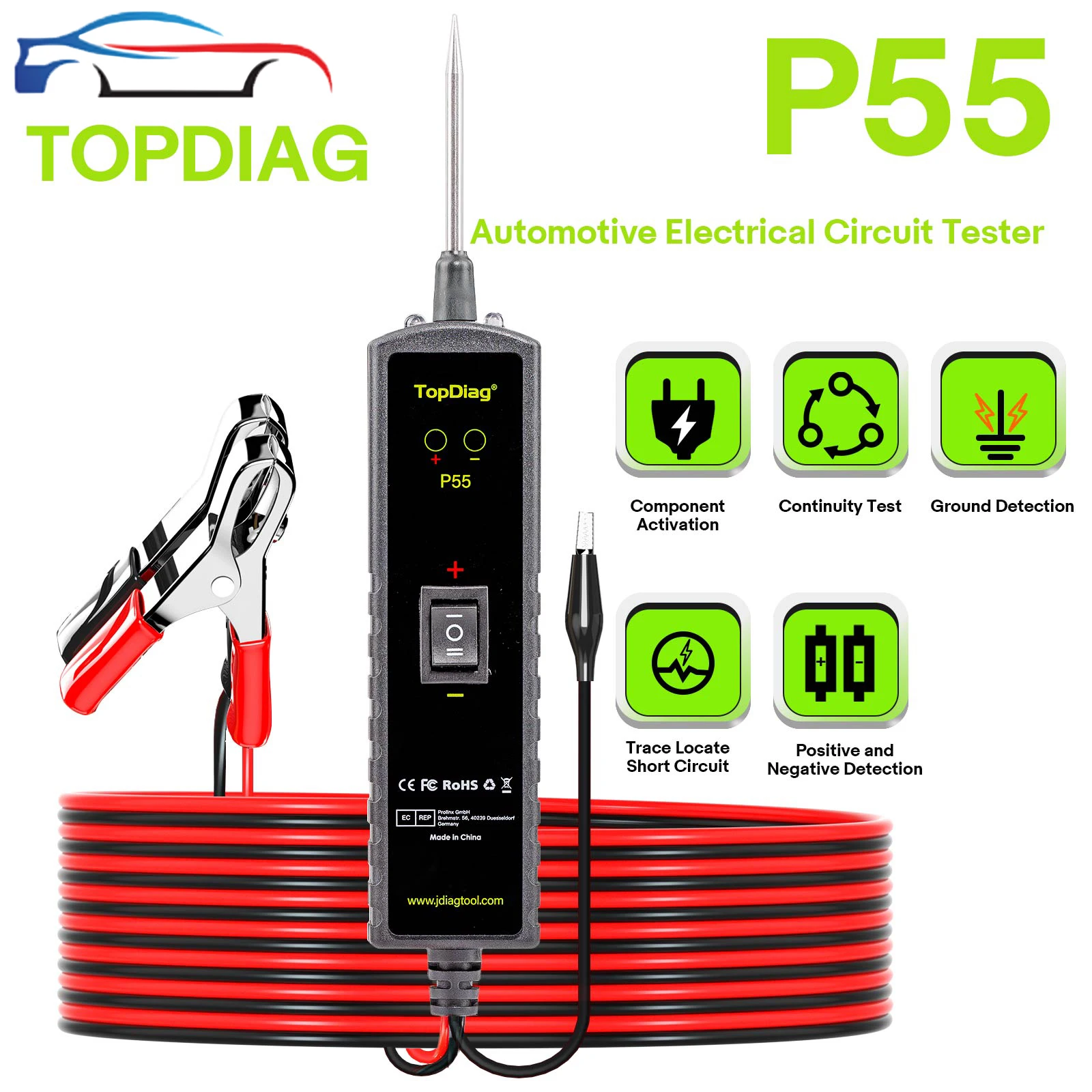 TOPDIAG P55 Power Probe Tester Automotive Electrical Circuit Wiring Tester 12-24V Vehicle System Auto Inspection Polarity Pen