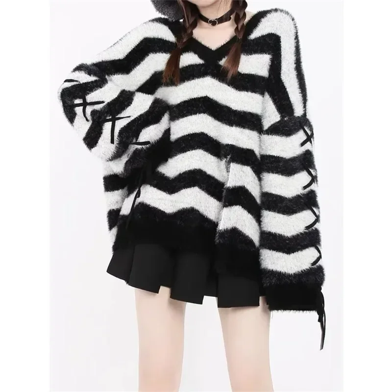 2024 autumn and winter New imitation mink striped sweater women's lazy wind strap drape black and white sweater women