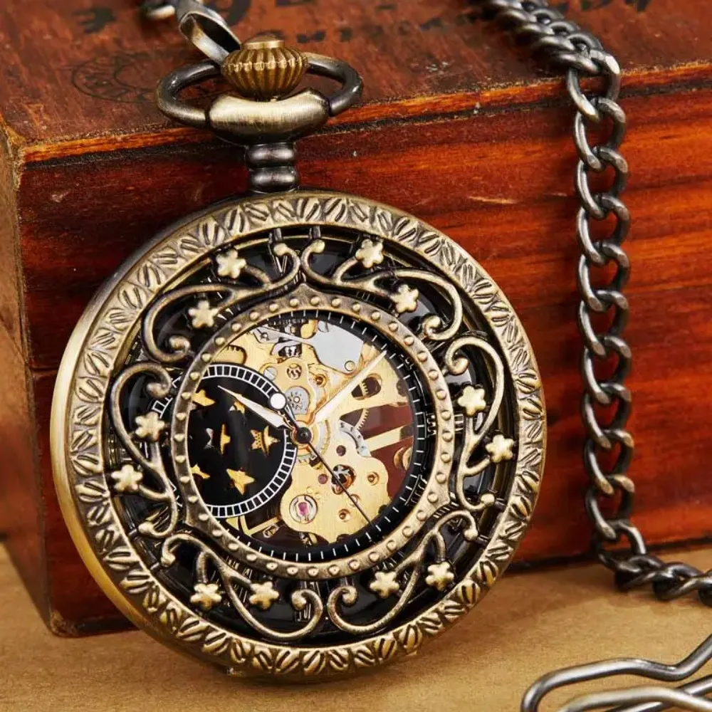 

Mechanical Pocket Watch Steampunk Vintage Pocket Watch Ancient Antique Necklace Hollow Skeleton Hand Wind Carved Fob Watch