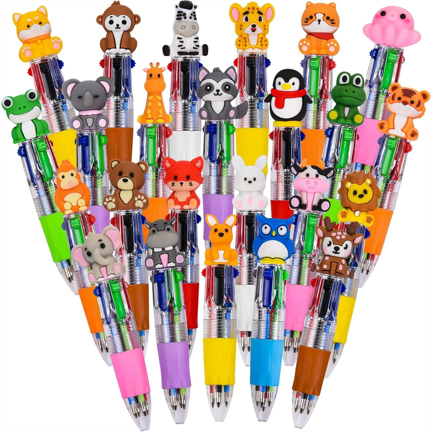 

24 Pcs 4-in-1 Animal Pens Bulk Kawaii Cow Monkey Penguin Tiger Lion Fox Rabbit Shape Ballpoint Pens for Fun Gifts Classroom